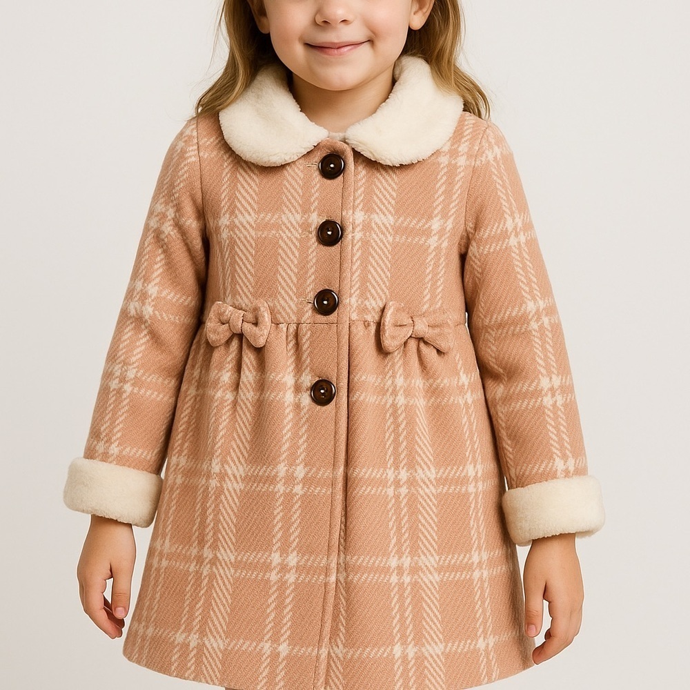 Tahari Girls' Pink Plaid Faux Fur Collar Dress Coat (1096) - Picture 1 of 13